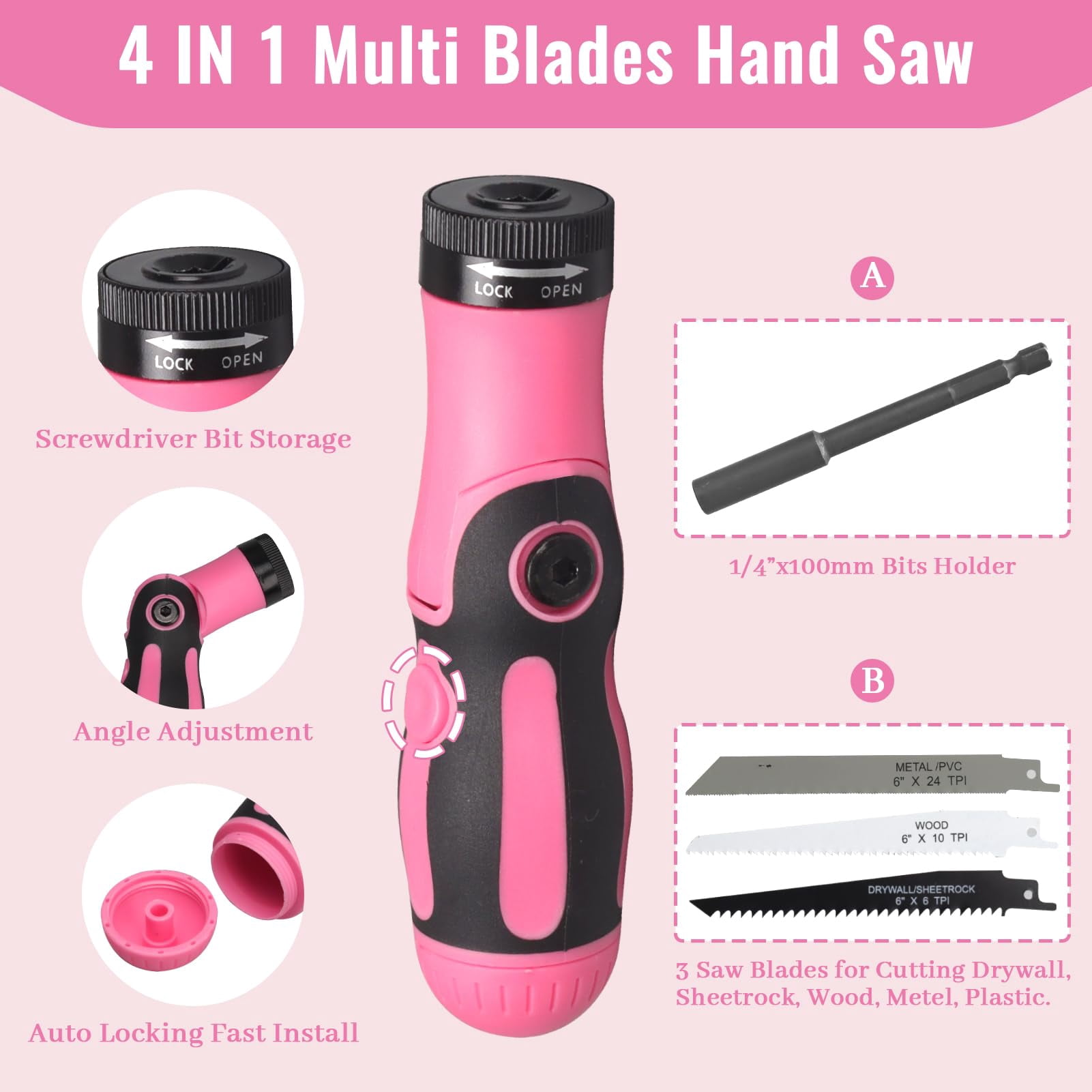 450 Piece Pink Tool Set with Chrome-Vanadium Steel Tools - Home, Car & Workshop Repair Kit for Women, Non-Slip Grip, Snap -Tight Toolbox with Drawer