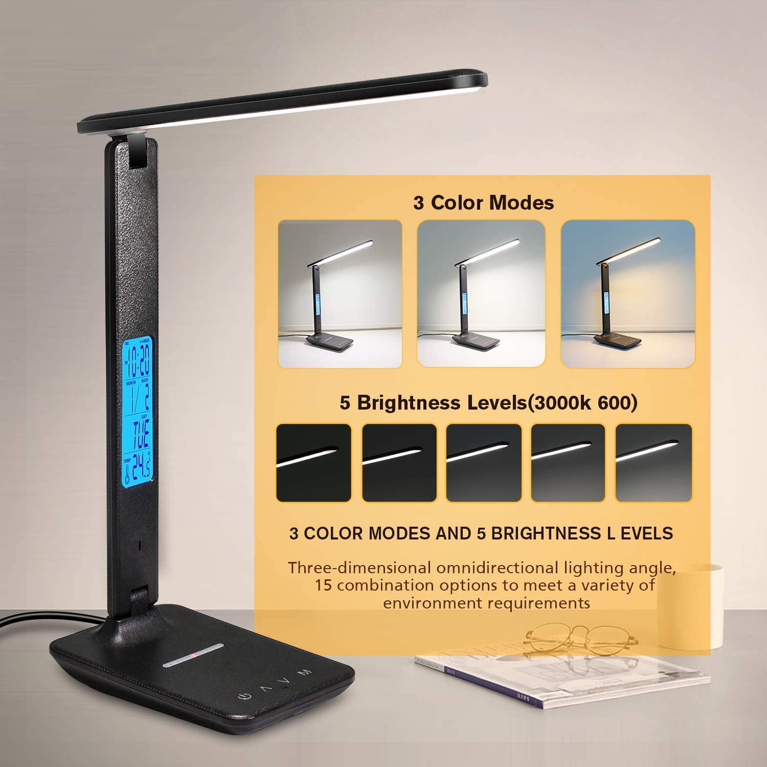 LED Desk Lamp with Wireless Charger and USB Port, Foldable, Clock and Alarm, 5-Level Dimming, Black