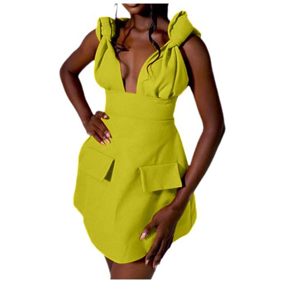 Elegant Women's Casual A Line Dress Sleeveless V Neck High Waist Flowy Summer Dress with Pockets and Wide Straps
