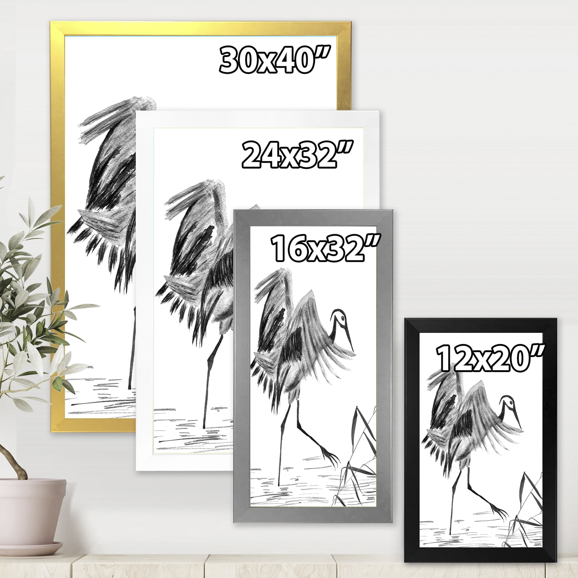 Designart 'Monochrome Japanese Oriental Crane Bird' Traditional Framed Art Print