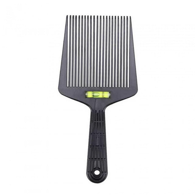 peine guía de parte superior plana jinwen negro con mango ergonómico y nivel de burbuja integrado; vista frontal centrada muestra dientes largos y ranurados, orificio para colgar y tamaño aproximado 26.4 cm x 12 cm. Apto para uso en peluquería y como herramienta portátil para peinados planos.