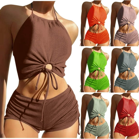 UTSJKR Women High Waisted Shorts Bikini Sets Tummy Control Swimsuit Two Piece Halter Drawstring Bathing Suit Coffee S