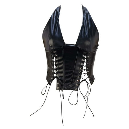 WELOIJEVBE Corset Tops for Women Women s Fashion PU Leather Neck Hanging Sexy Binding Tight Waist Bodysuit for Women
