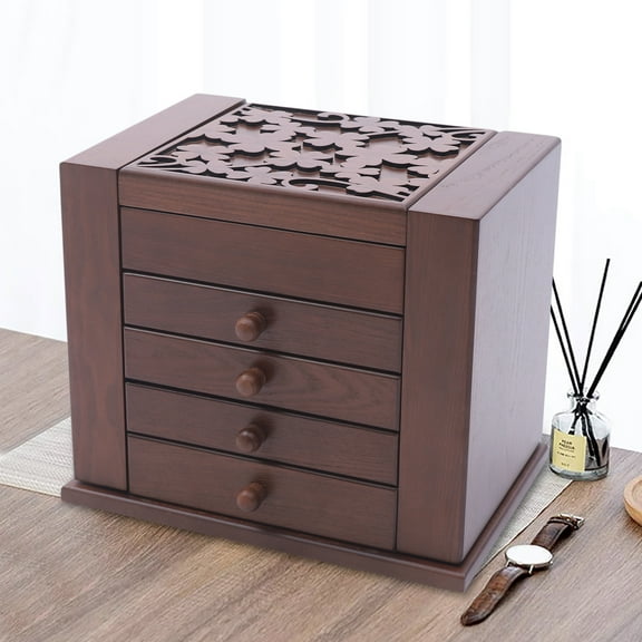 5 Layers Wooden Jewelry Case Vintage Brown Large Jewelry Organizer Storage Box W/ 4 Drawers