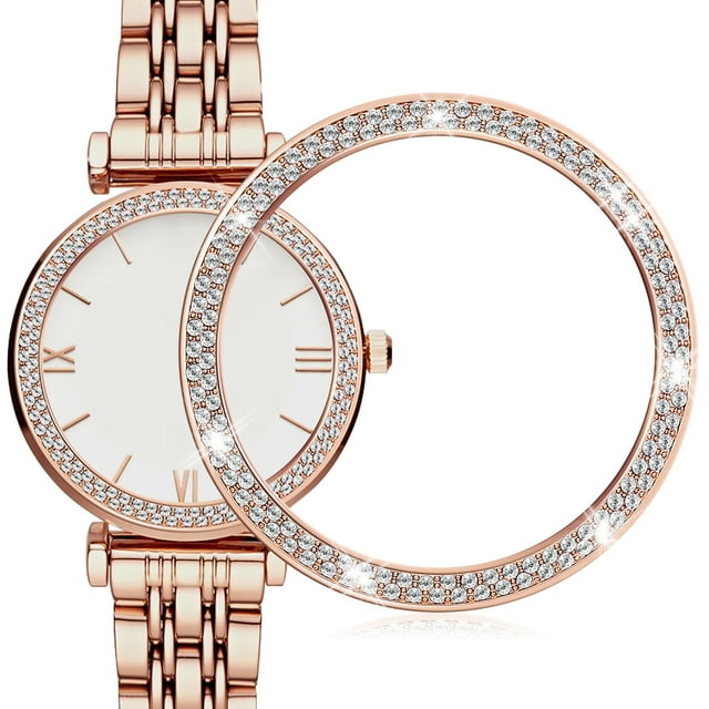 Shisuyan Watch Roll Travel Case Galaxy Watch 3 Case Elegant Rose Gold Rhinestones 1Set Round Shape