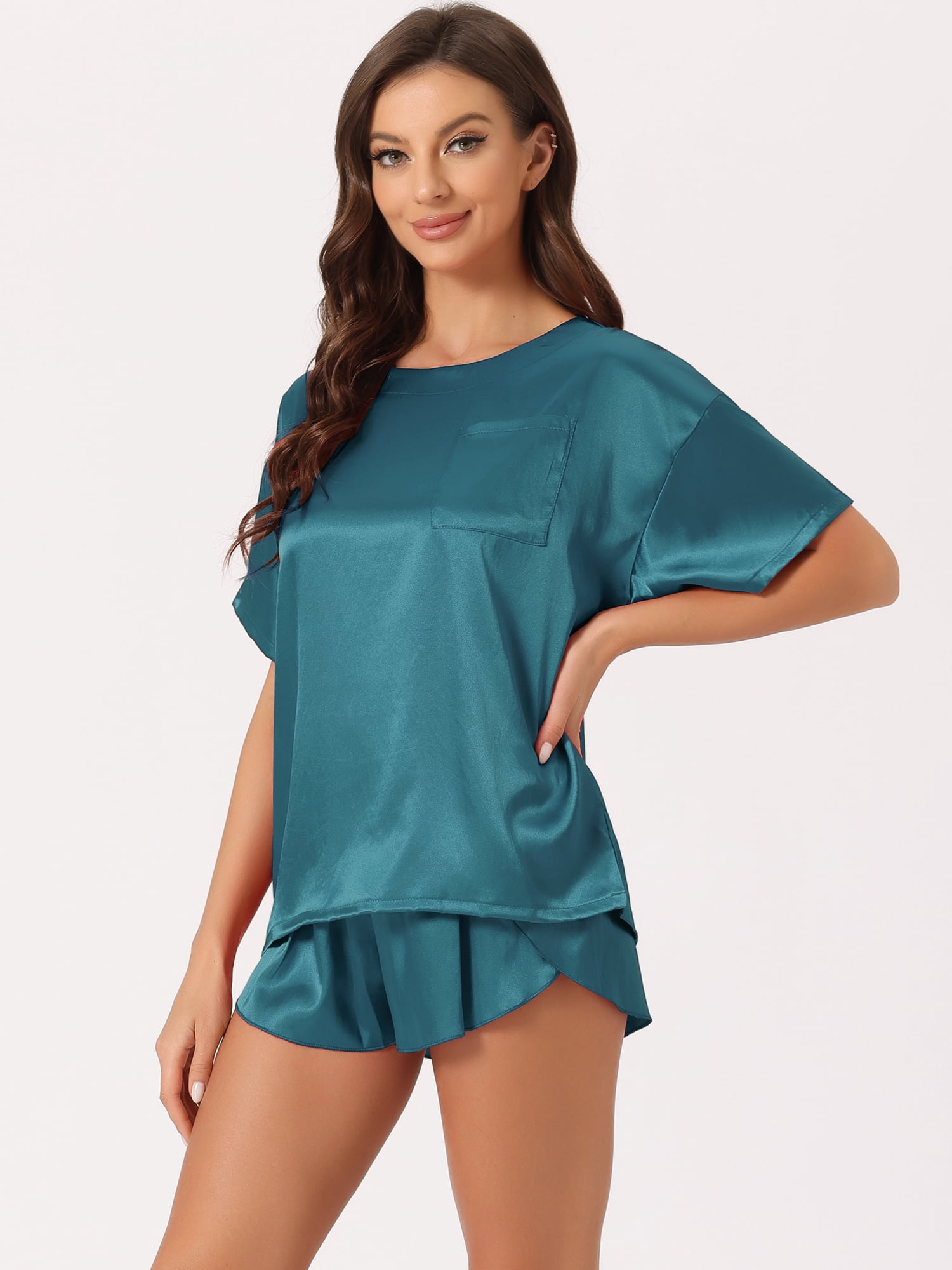 DARING DIVA Women's Satin Pajama Pullover T-shirt with Shorts Lounge Sets XS Lake Blue