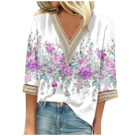 IYYVV Women s Crochet Top Retro Floral Women s Casual 3/4 Sleeve Tunic Tops V Neck Hollow Womens Corset Top Bohemia Flower Funny Shirts Half Sleeve Hide Belly Tunics Hot Pink L