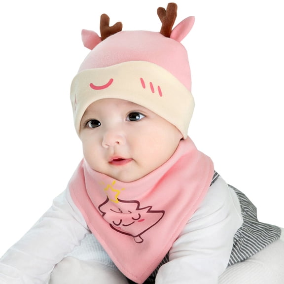 Odeerbi Christmas Hat for Boys Girl Drool Bib Toddler Kids Baby Pompon Hat Winter Warm Beanie Cap Christmas Bib Pink