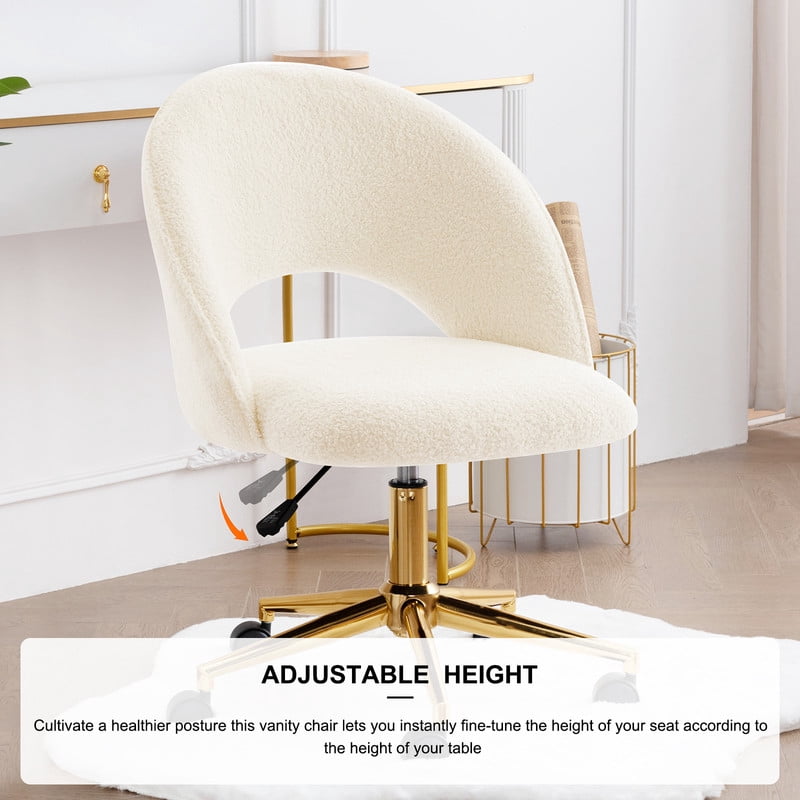 Modern Upholstered Office Chair, Adjustable Armless Desk Chair with Gold Metal Base and Rolling Casters, Accent Vanity Chair for Home Office, Bedroom, Makeup Room,White
