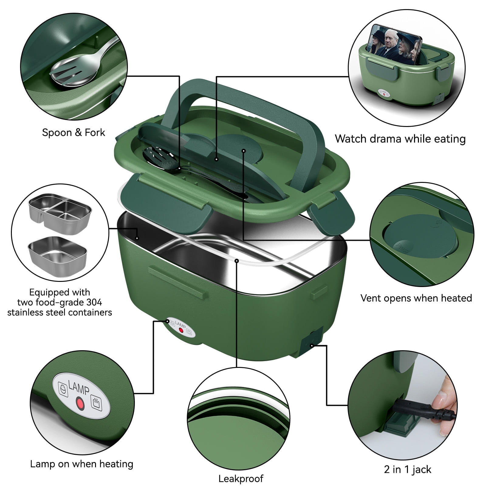 Electric Lunch Box Food Heater for Work, 80 W Food Warmer for Car Truck Travel with 2 Stainless Steel Containers 1.5 Liters Potable Self Heating lunch Box for Adults lonchera eléctrica portátil