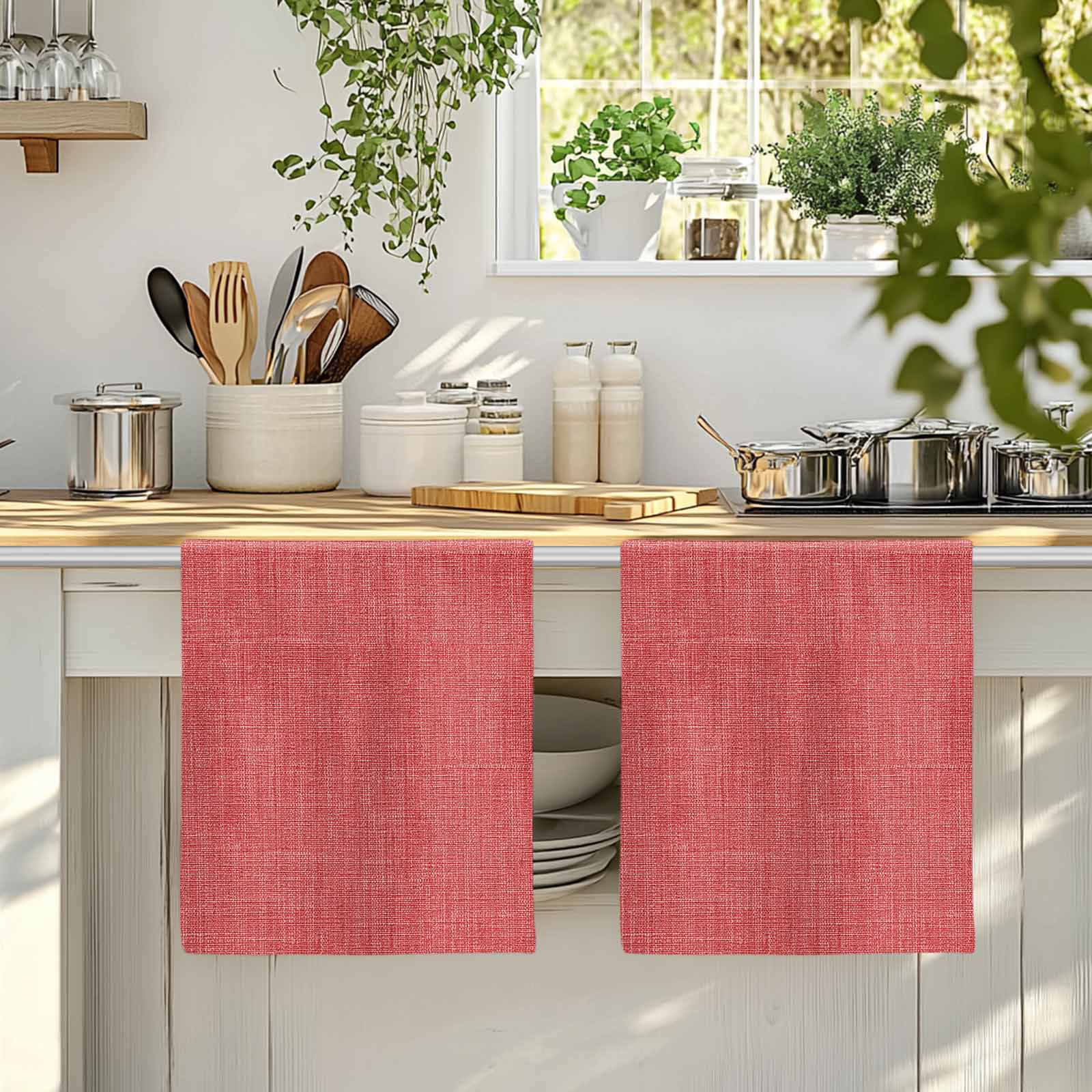 Dish Towels, Coral Red Linen Absorbent Kitchen Towels 2 PCS, Farmhouse Pure Color Microfiber Hand Towels Dish Cloths Tea Towels for Home&nbsp;Bathroom Cleaning Drying,18X28-Inch,