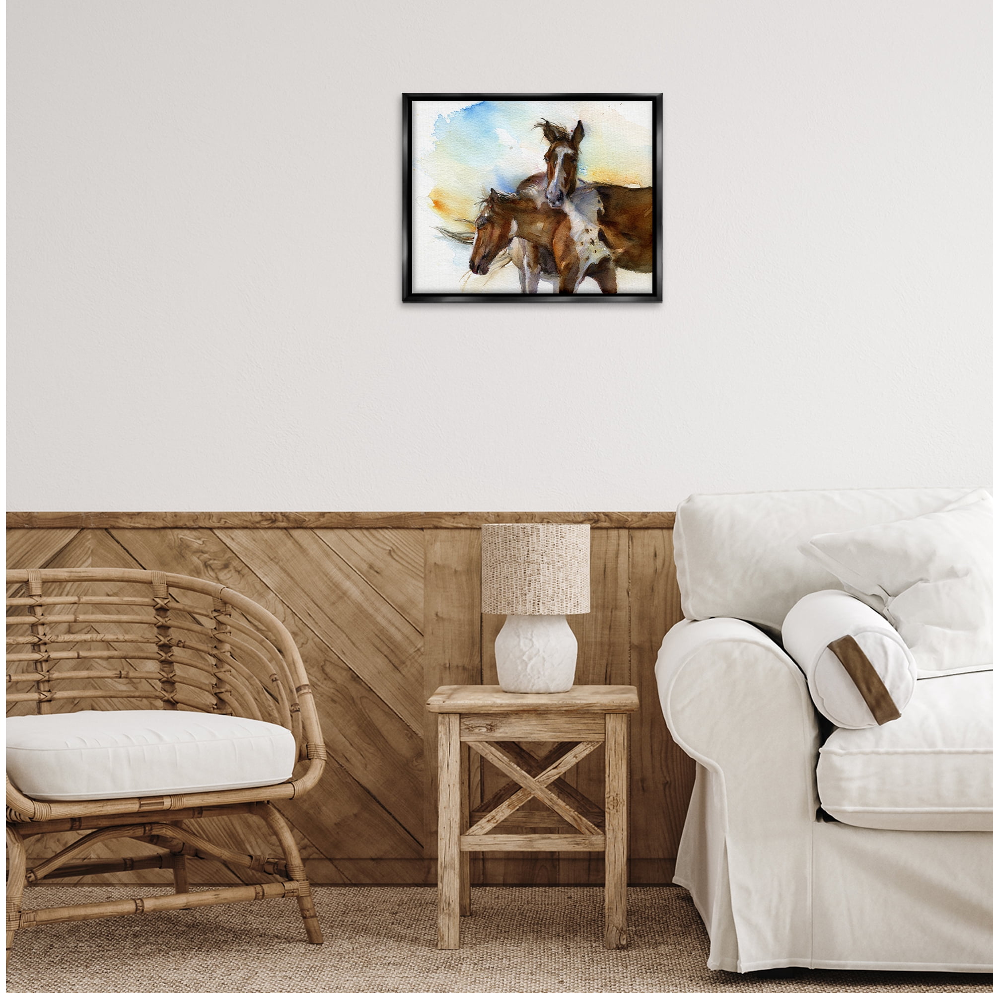 Stupell Industries Brown Horses Watercolor Animals & Insects Painting Black Floater Framed Canvas Art Print Wall Art, 21 x 17