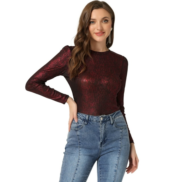 Camisa de manga larga Allegra K Disfraz de navidad brillante metálico Negro Rojo XL