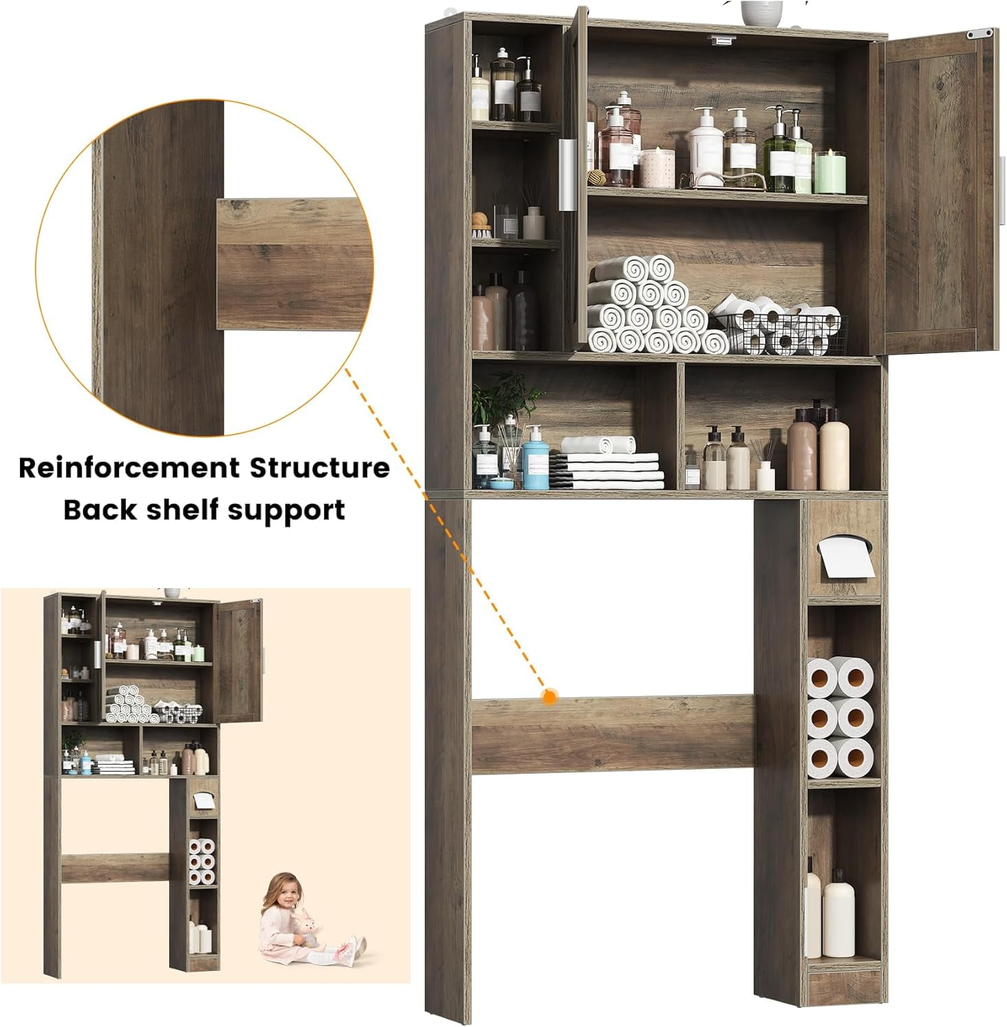 Timagebreze Farmhouse Over-Toilet Cabinet with 2 Barn Doors, 10 Adjustable Shelves & Tissue Holder,Bathroom Storage,Grey