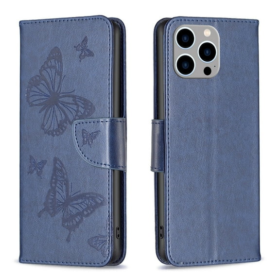 Dteck Butterfly Pattern Case For iPhone 14 Pro,Magnetic Leather Card Wallet Case Kickstand Cover with Wrist Strap for iPhone 14 Pro 6.1-inch,Blue