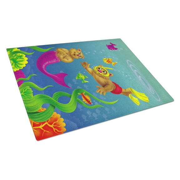 Caroline's Treasures Teddy Bear Mermaid and Diver Glass Cutting Board Large