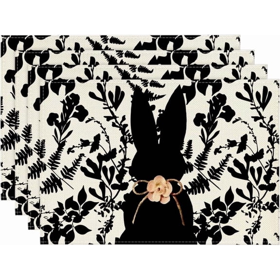 Black Bunny Leaves Bow Easter Placemats Set of 4, 12x18 Inch Spring Table Mats for Outdoor Home Party Kitchen Dining Decor