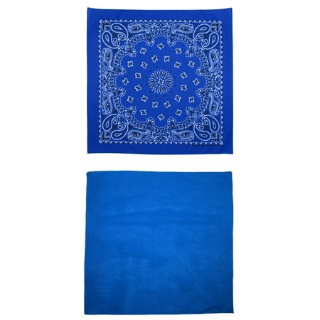Traditional Paisley and Solid Color Double Sided Blue Bandanas USA Made (Pack of 2)