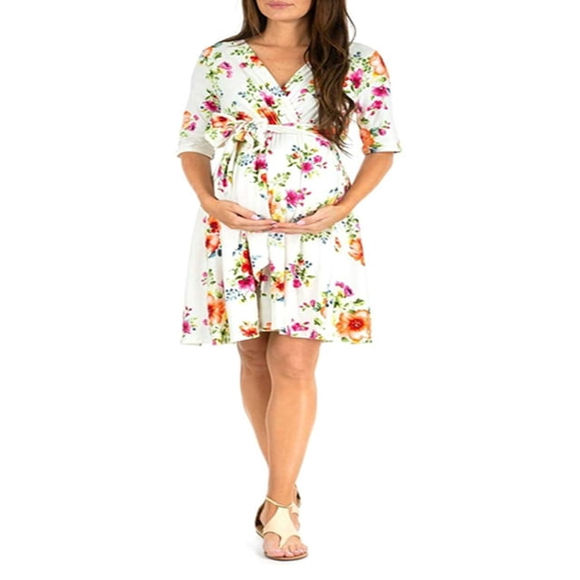 EASTIN Robe de Maternité pour Femmes Décontractée à Col en V à Pois/fleurie à Manches Mi-Longues Robe pour Grossesse Vêtements Séance Photo