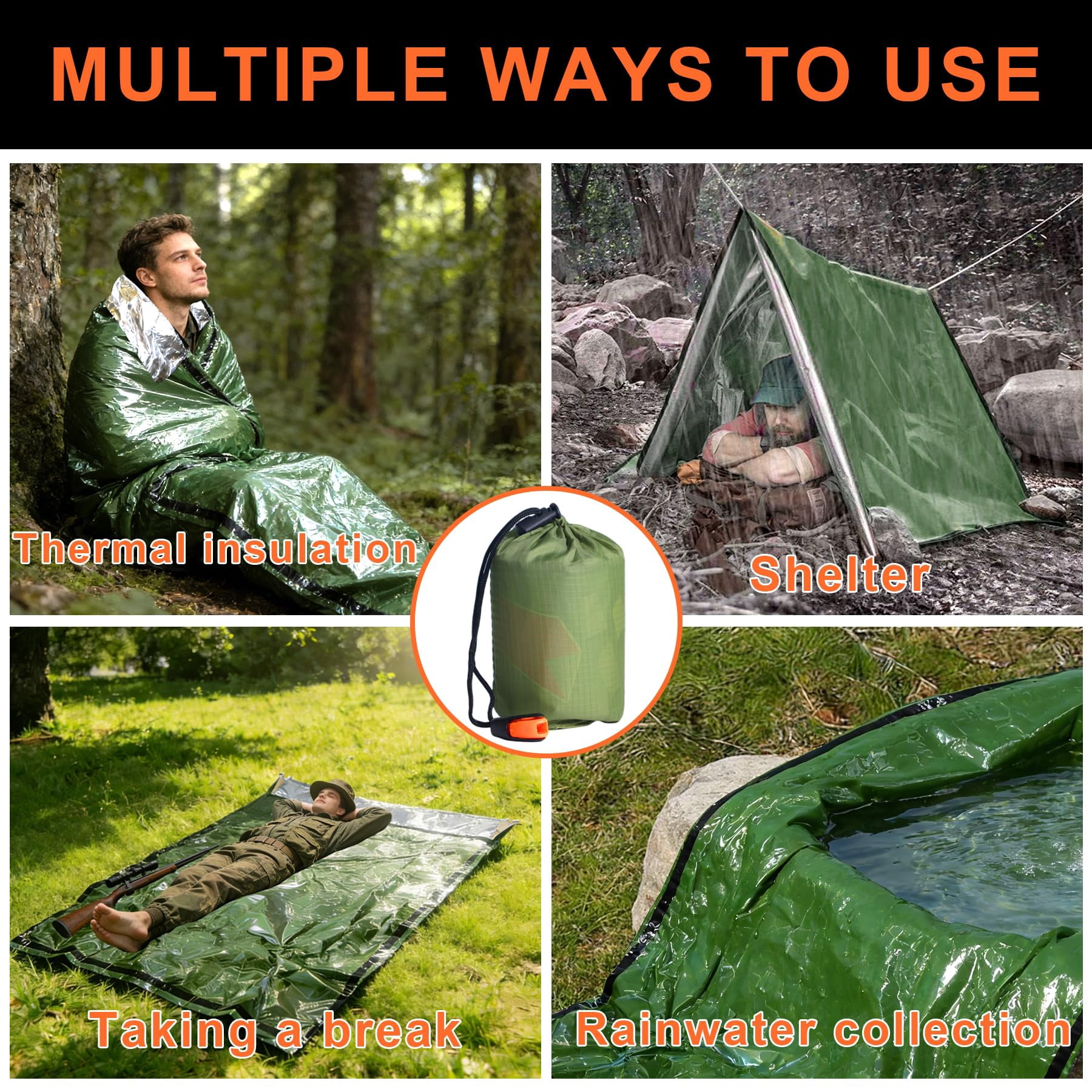 Bivy Sack Survival Sleeping Bag, Waterproof Survival Sleeping Bag with Emergency Whistle, Portable Thermal Emergency Bivy Bags for Camping Hiking Outdoor Survival （Green, 2PC)