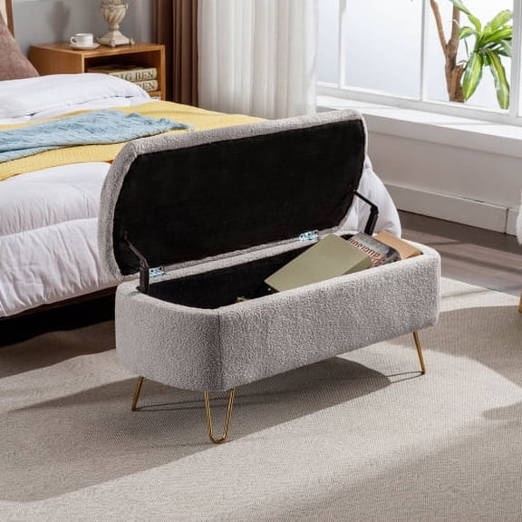 Nmkwnr Faux Fur Storage Ottoman Bench for Bedroom, Living Room, Gray