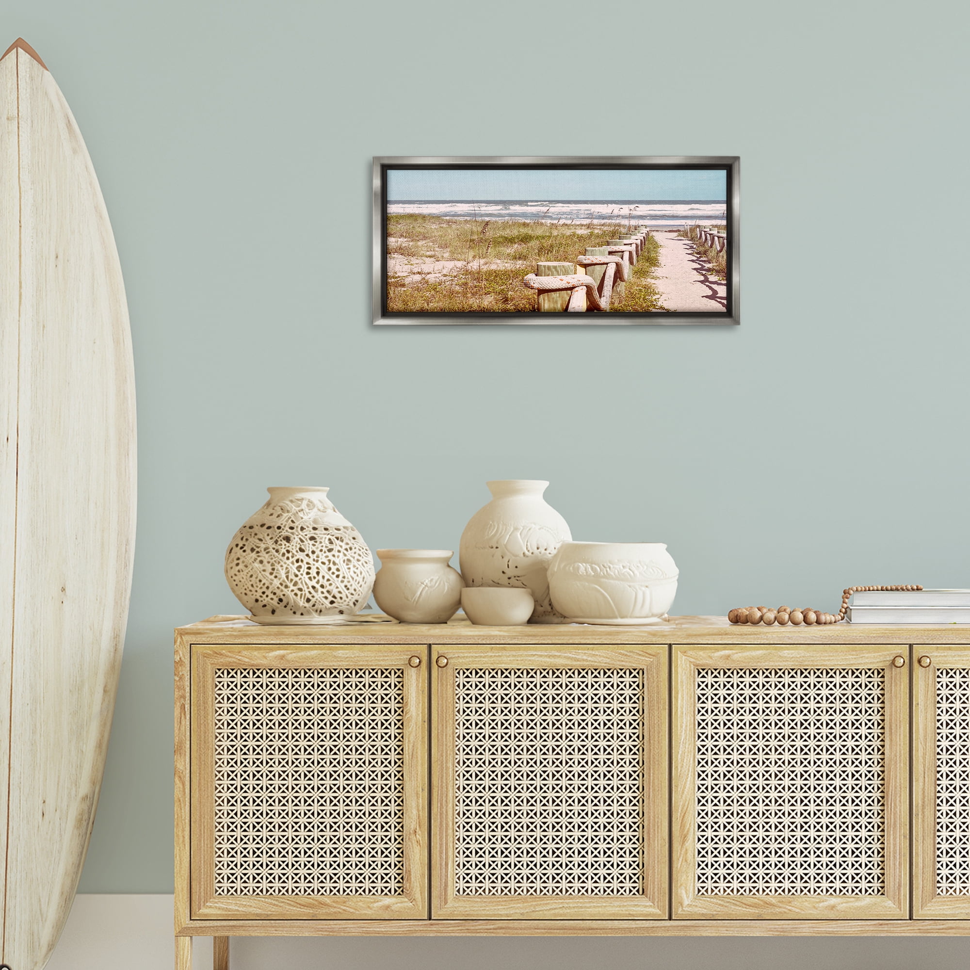 Stupell Industries Eastern Beach Walkway Landscape Photography Gray Floater Framed Canvas Art Print Wall Art, 31 x 14