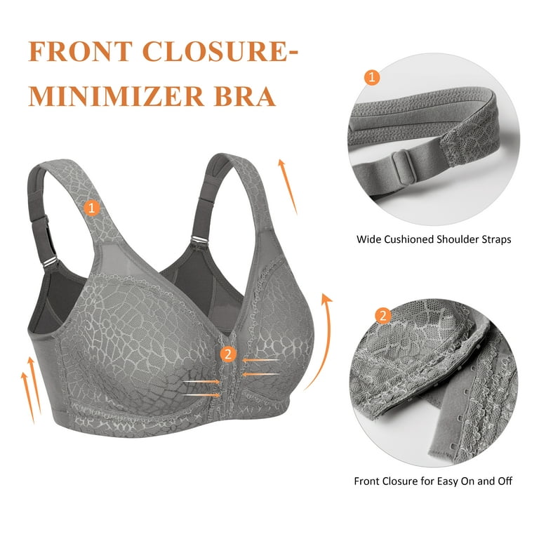 Exclare Women's Front Closure Full Coverage Wirefree Posture Back Everyday  Bra(Grey,42G)