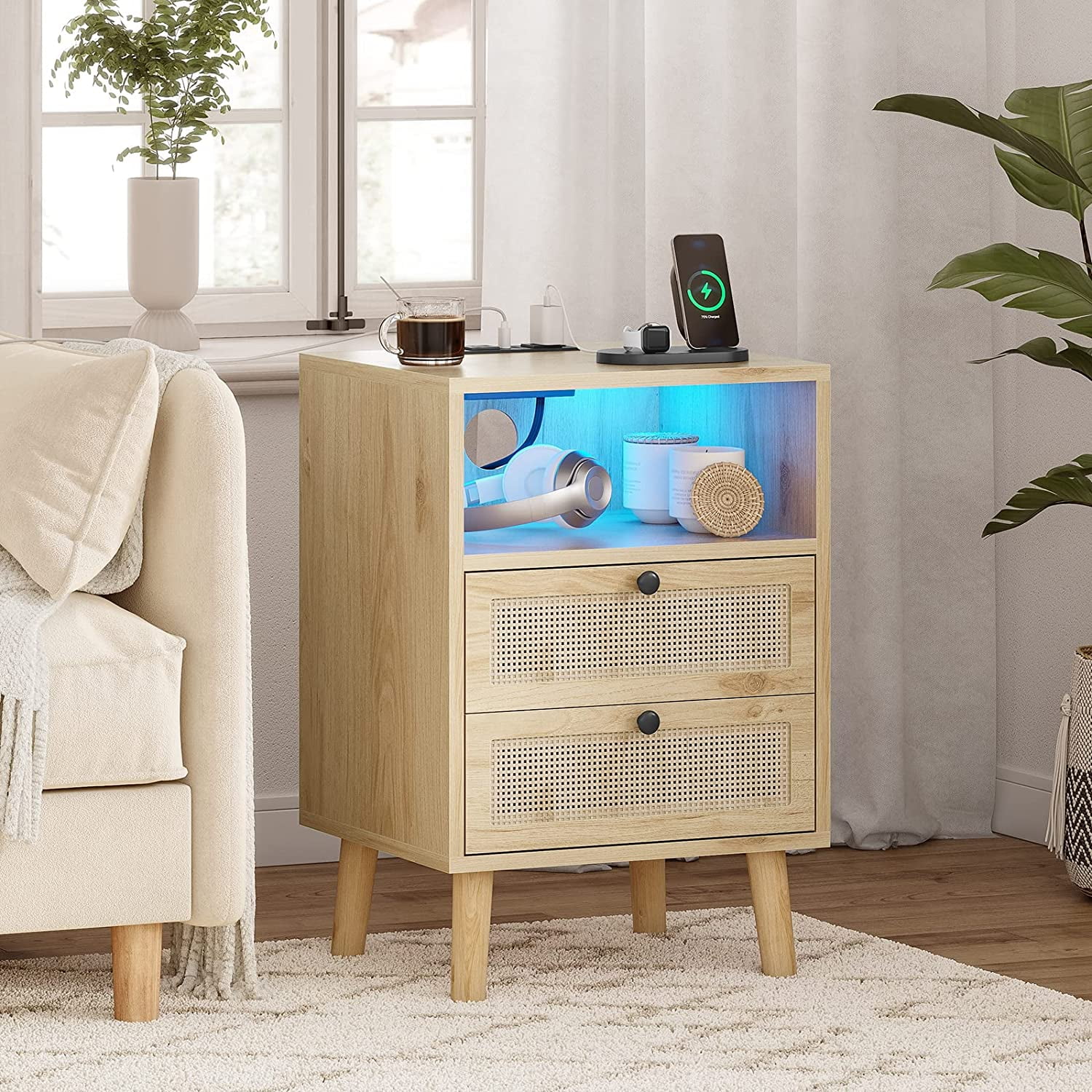 Nightstands Set of 2 with USB Charging Station,Bed Side Tables with LED