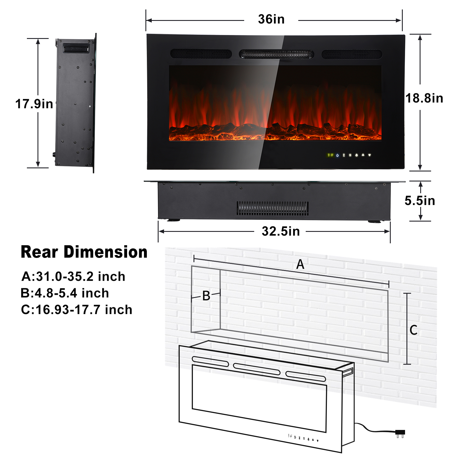 SKONYON 36" Electric Fireplace Recessed Ultra Thin Wall Mounted Heater w/Multicolor Flame