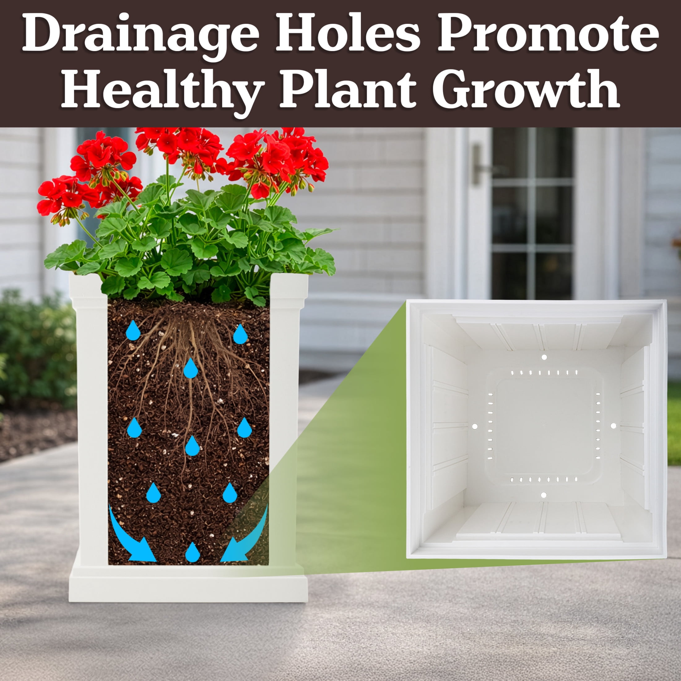Pure Garden Outdoor Planter Box - 13.7” Square 19” Tall Plastic Plant Pot with Drainage Holes, White