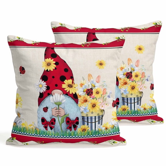 Set of 2 Ladybug Gnome Pillow Covers 18x18 Inch, Country Summer Rustic White Yellow Daisy Floral Linen Texture Decorative Throw Pillow Cases Cotton Cushion Covers for Sofa Couch Bed Home Decor