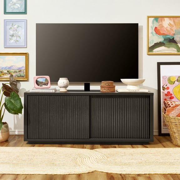 Beautiful Fluted TV Stand for TV’s up to 70” by Drew Barrymore, Rich Black Finish