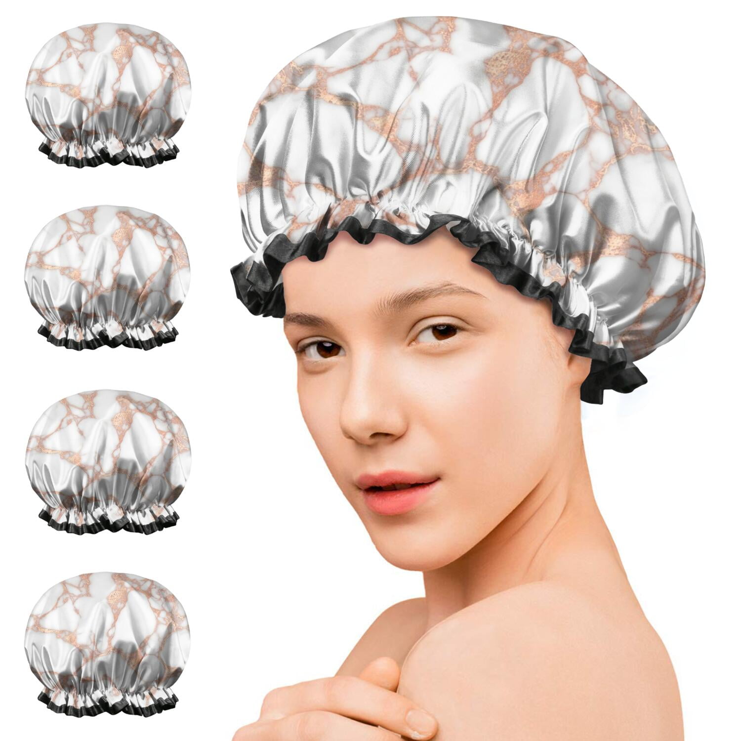 Shower Caps,White Marble Rose Gold Line Pattern Waterproof Shower Cap for Women 4 Pieces,Double Reusable Hair Cover for Shower PEVA Elastic Stretch Hem