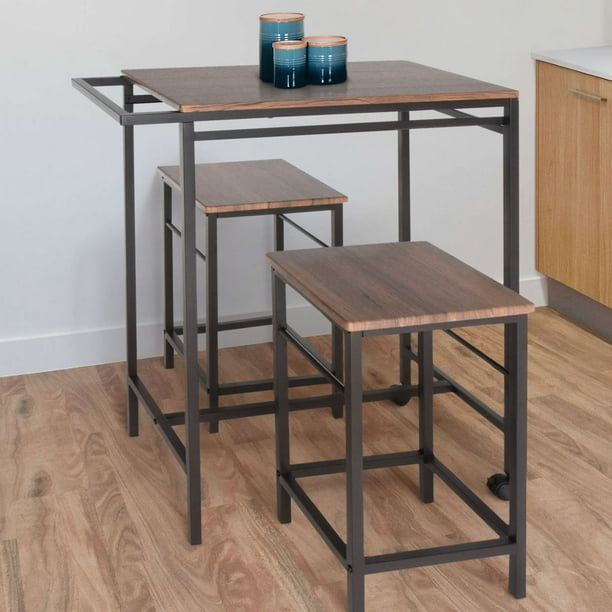 Zenvida 3 Piece Pub Table Set Breakfast Cart With 2 Stools Wood Counter Height Space Saver Mobile Kitchen Island Com Zenvida 3 Piece Pub Table Set Breakfast, Kitchen Island Set With Chairs