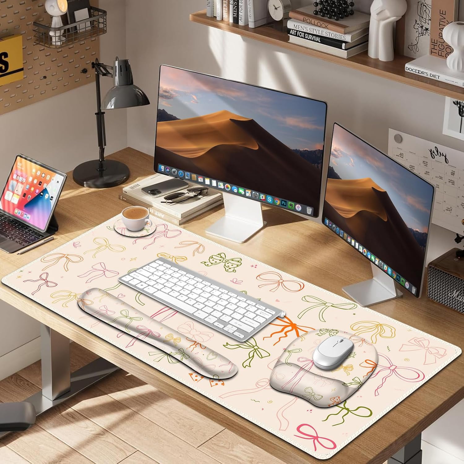 Apricot Mouse Pad with Wrist Support 4 in1 Set, XXL Big Game Mousepad + Keyboard Wrist Rest + Mouse Wrist Rest Pad +Coaster Gaming Mat for Home Office Work Computer I Colorful Cute Girl's Bow