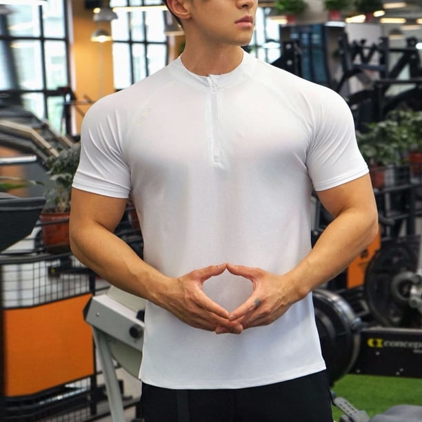Tops para hombre, blusas y camisas de manga corta y cuello redondo para hombre, blusas deportivas casuales de verano para hombre, de color liso, de manga corta, con media cremallera y cuello redondo,