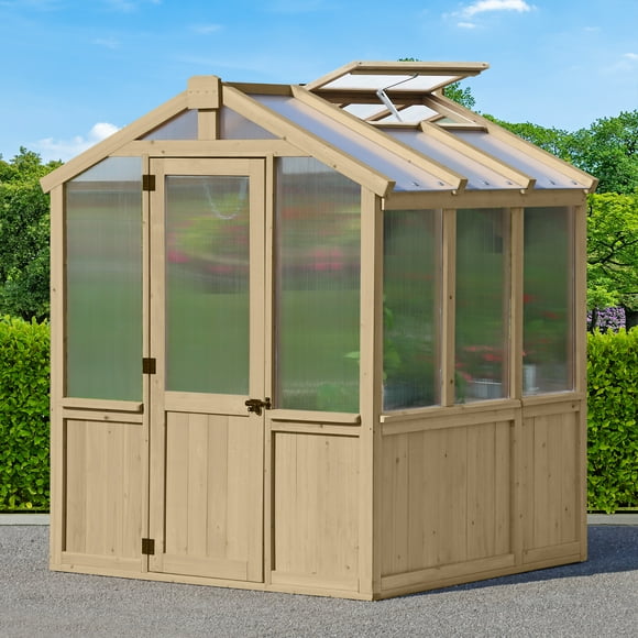 Yardistry 6.7' x 6' Meridian Greenhouse – Premium Cedar Structure with Double-Wall Polycarbonate Windows, Automatic Roof Vent, and Integrated Shelving for Optimal Plant Growth