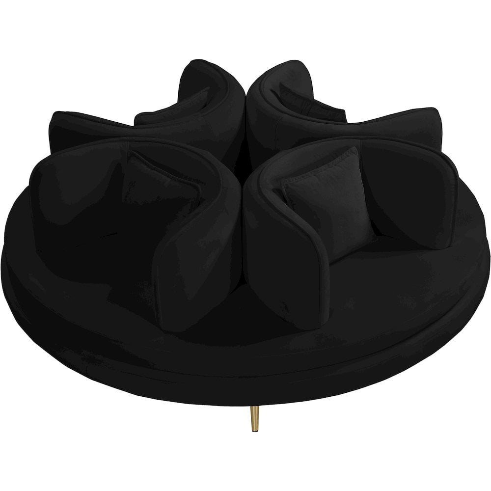 Meridian Furniture Circlet Roundabout Sofa with Pillows, Black Velvet and Gold Iron Legs