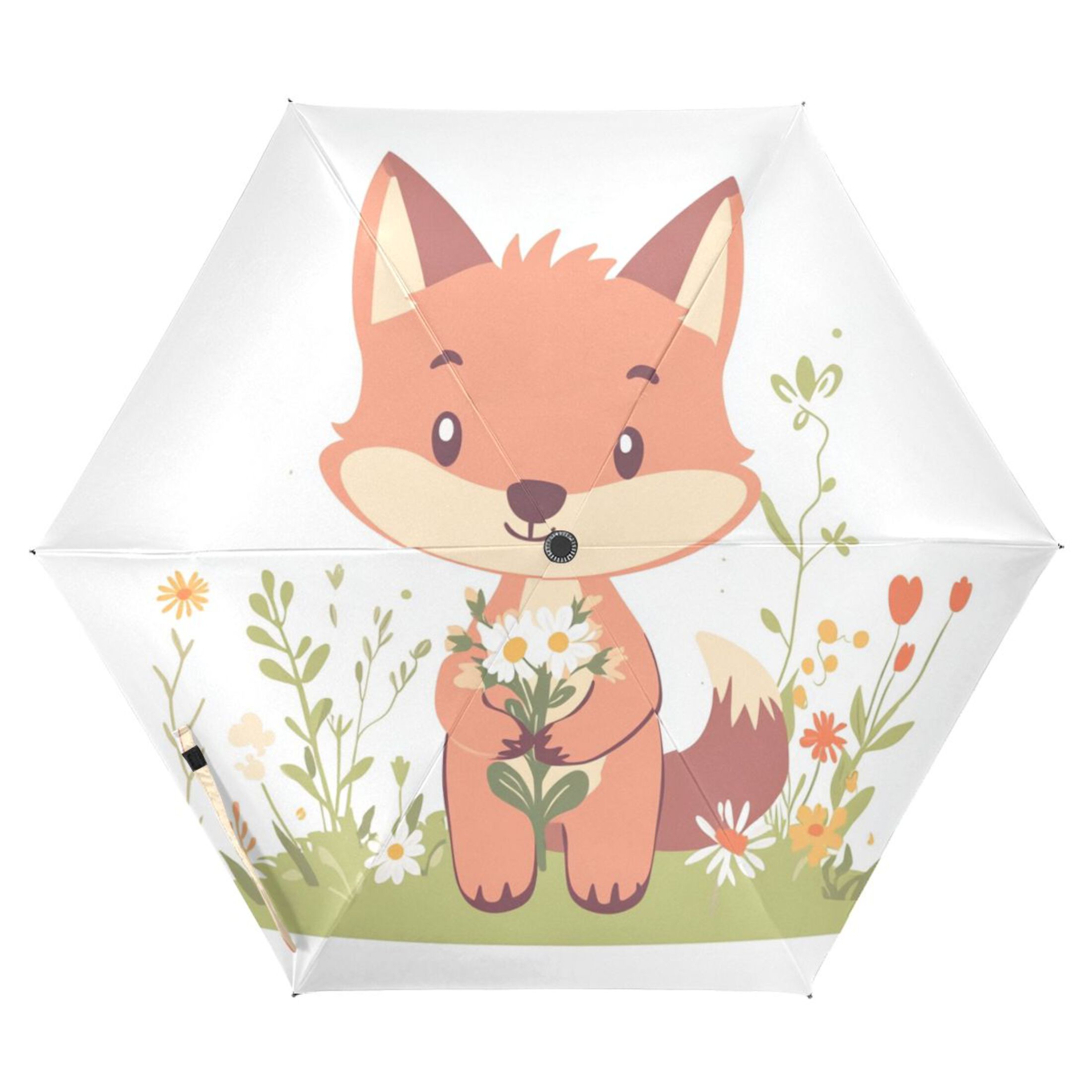 Cute Fox Holding Flowers All Weather Umbrella Triple Folding Parasol 6 Ribs UV Protection Portable
