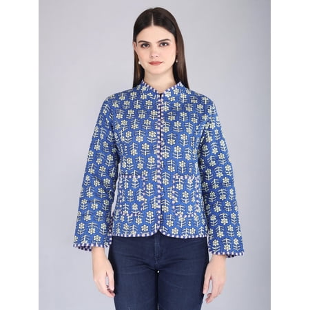Reversible Kantha Jacket | Blue Floral Quilted Cotton Coat | Boho Block Print & Striped Layer