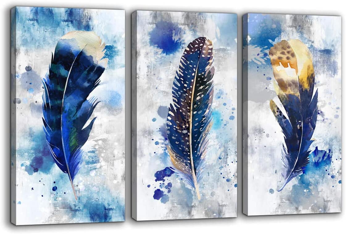 DOARTDO Feather Watercolor Canvas Wall Art Blue and Yellow Abstract  Feathers Picture Artwork Prints for Living Room Bedroom Home Decor Framed  (12.00