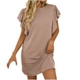 thumbnail image 2 of UPPADA Robes d'Été pour Femmes Grande Taille à Manches Courtes Col Ras du Cou Robe T-Shirt Chic Décontractée à Volants Fluide de Plage Robes Soleil Bohème Smockée Évasée Fluide Midi Robe Soleil Kaki,G, 2 of 6