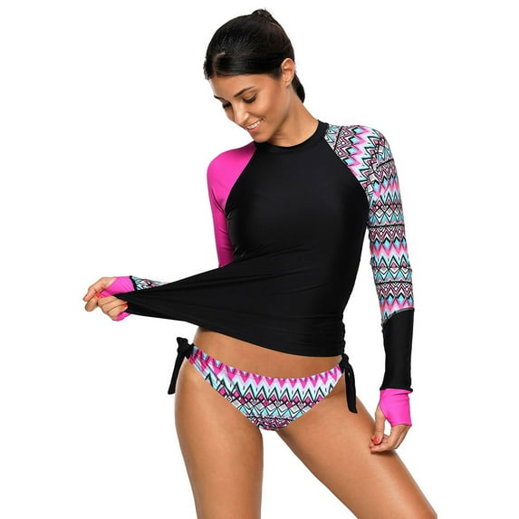 Women's Long Sleeves Rash Guard Athletic Swim Tankini Sets Swimsuit - Rose Red