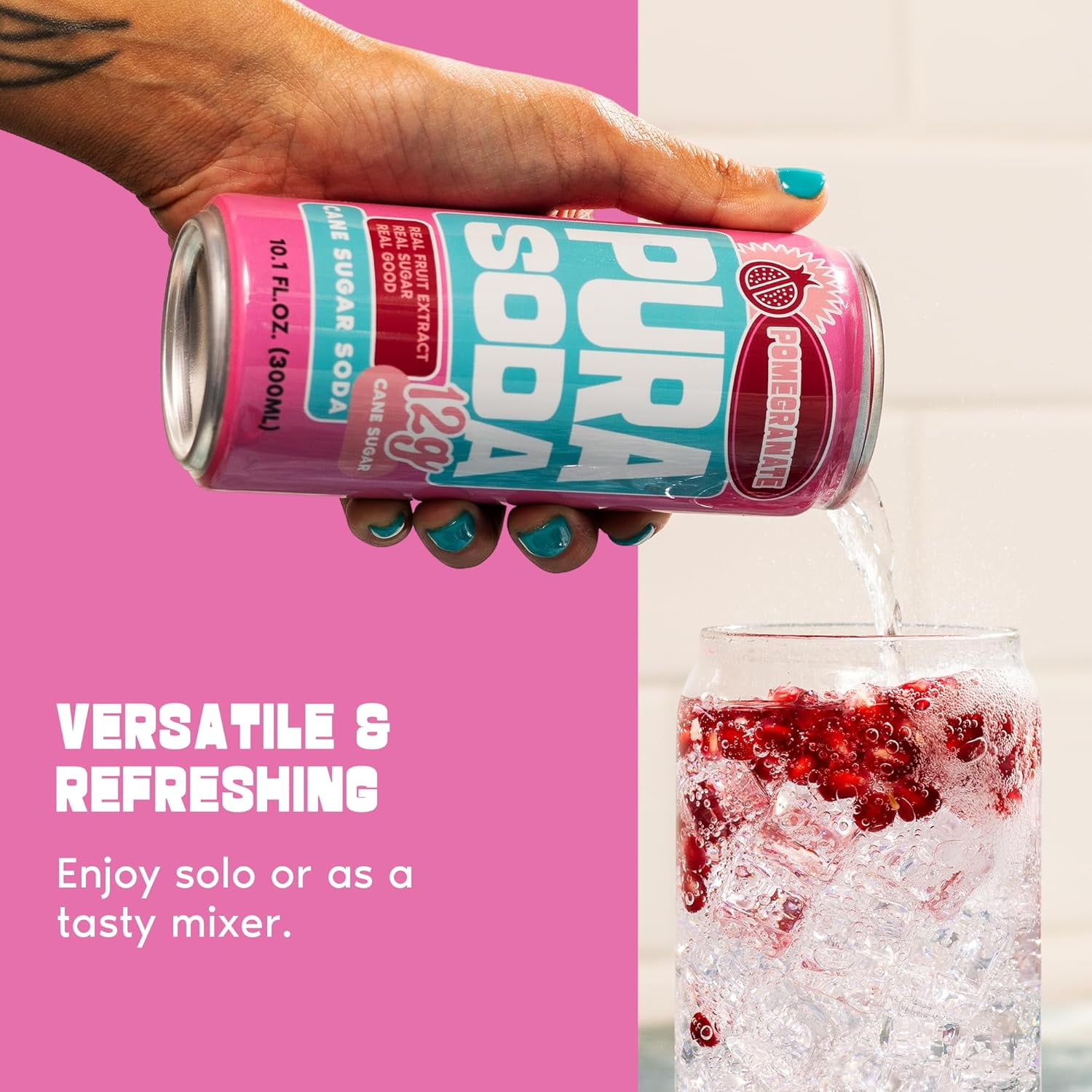 PuraSoda® Pomegranate | Low-Calorie, Cane Sugar Soda Beverage | Non-GMO, Vegan | Made with Pure Cane Sugar, No Preservatives | 10.1 fl oz (300ml) Cans, 24-Pack
