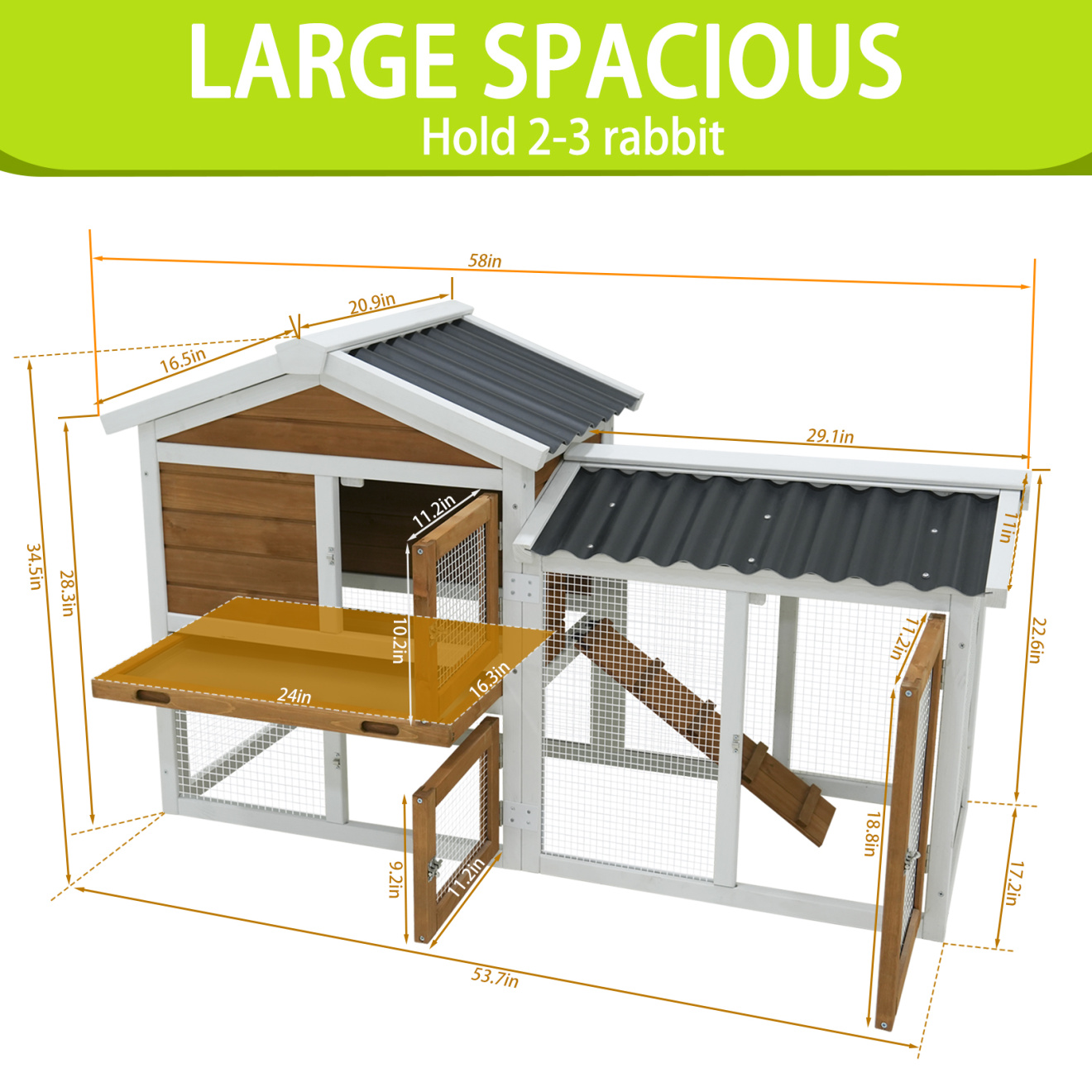 2-Story Rabbit Hutch with Run, 58" Bunny Cage with 1 Pull-Out Tray, 3 Lockable Doors and Waterproof Roof for Rabbits, Guinea Pigs, Small Pets, Orange+Yellow