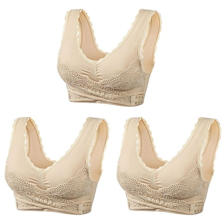 JUUYY Women s 3-Pack Seamless Cross Front Side Buckle Lace Comfortable Breathable Bralette Sexy Push Up Sports Bra Yoga Running Bras with Removable Pads Bieg+Beige+Beige S