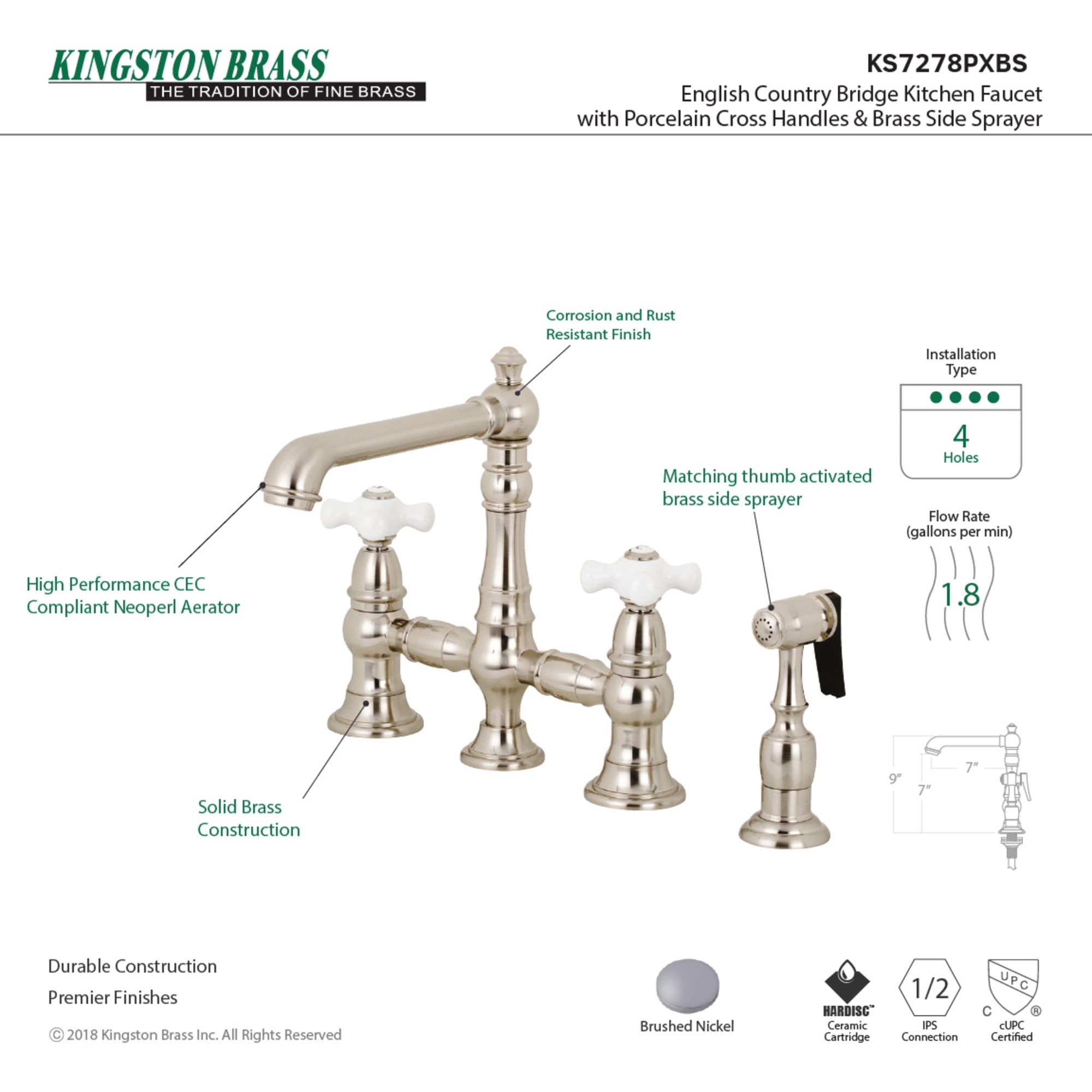 Kingston Brass KS7278PXBS English Country Bridge Kitchen Faucet with Brass Side Sprayer, Brushed Nickel
