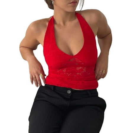 

Shark Slippers Women Lace Halter Tops Cropped Backless Shirt