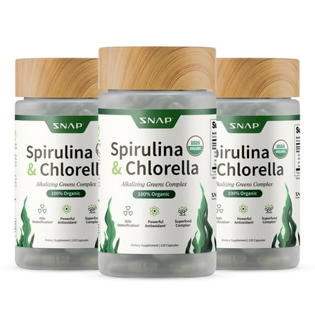 Snap Supplements Organic Chlorella Spirulina Capsules - Plant Vitamins, Super Greens, 120 Capsules, 3-Pack