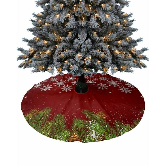 Red Christmas Christmas Tree Skirt 36 Inches Large Christmas Skirt Tree, Green Pine Branch Snowflake Winter Tree Skirt Christmas Decorations for Fireplace Party Holidays Indoor Outdoor